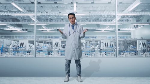 Médico masculino mostrando un gesto de perplejidad y diciendo qué en el laboratorio