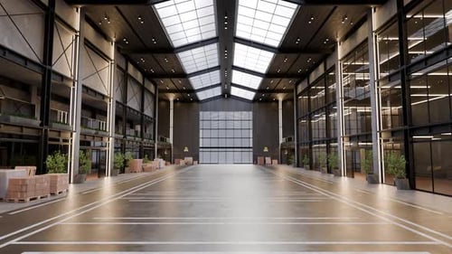 Empty Industrial Building Interior with Plants and Boxes