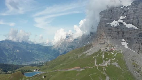 Aerial of the Swiss Alps with Fallbodensee