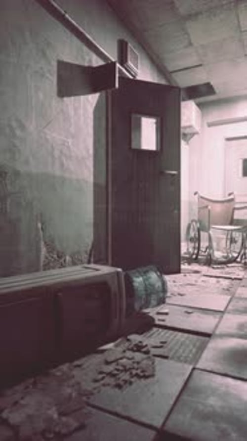 Abandoned Hospital Room With Chairs and Door
