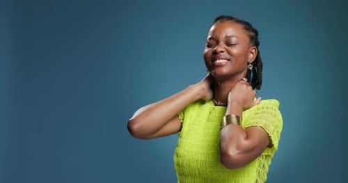 Neck pain, stress and tired with black woman in studio for fibromyalgia