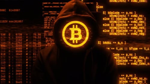 Hooded Figure with Glitched Bitcoin Symbol and Digital Code Background