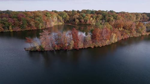 Panoramic aerial view of the autumn colored forests of Roger Williams Park.