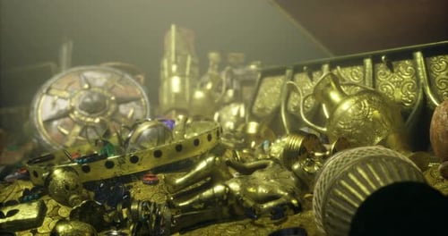 Opulent Gold Treasure Chest with Ancient Artifacts and Jewels