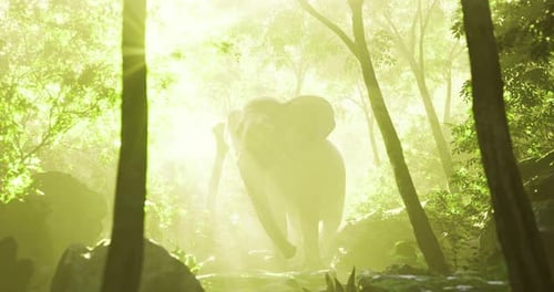 Majestic Elephant Walking Through a Sunlit Forest in the Morning Light