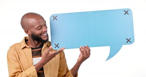 Happy black man, speech bubble and social media in presentation or advertising against a studio