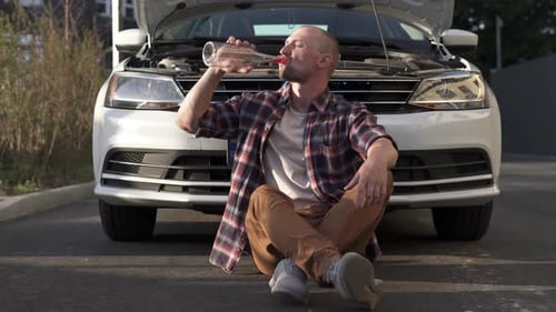 A male driver drinks alcohol near a broken car after an accident. Drunk driving concept.