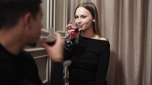 Romantic Couple Enjoys Wine and Conversation on a Date at a Restaurant