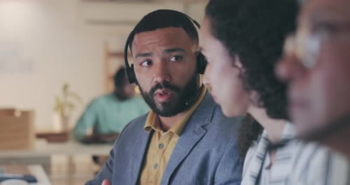 Call center, coaching and night with business people in office for communication