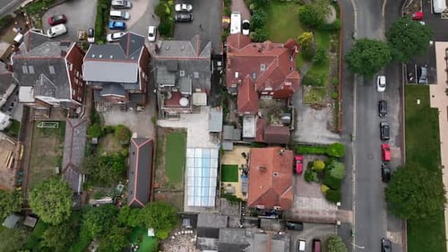 Top down view of victorian homes and gardens