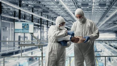 Technicians Upgrading Silicon Wafer Prototype Analyzing Microelectronics