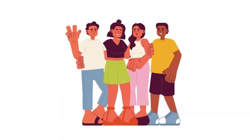 Animated Flat Design Group of Friends Making Peace Sign