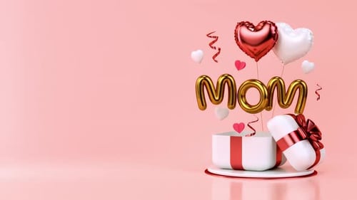 Mother's day looping video with open gift, hearts, gold letters and copy space on a pink background