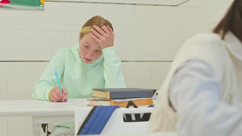 Teen Student Working at School Desk