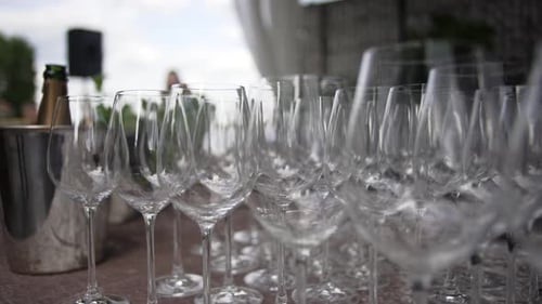 A set of empty transparent wine and champagne glasses on high legs close up