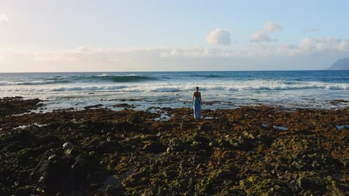 Lonely Girl Traveler Stands on Rocky Beach with Wide Foaming Ocean Waves and Huge Los Gigantes