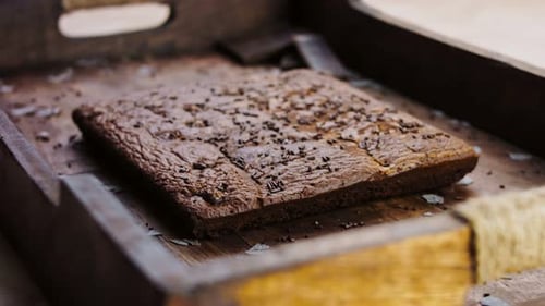 Fresh Chocolate Brownie on Rustic Wooden Tray