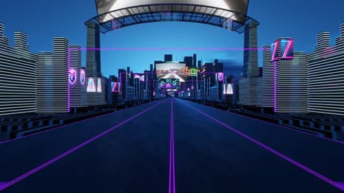 Rendu 3D d'une route vide futuriste avec des néons, de grands bâtiments de chaque côté et un pont