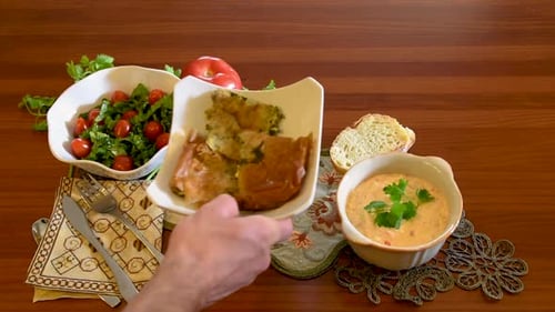 Healthy mediterranean cuisine, three dishes concept for lunch or dinner. Side view closeup of placin