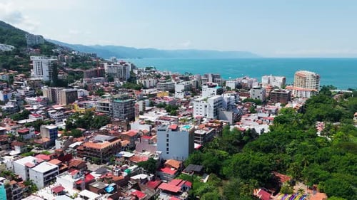 Aerial view of puerto vallarta cityscape and coastline showing urban development in mexico