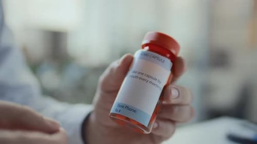 Hand holding Bottle of Prescription Capsules