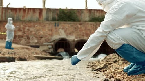 Ecologists sample water contaminated with dangerous, waterhazard toxins into tubes