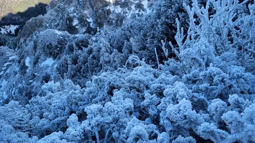 Vertical Tilt Up View of Frozen Mountain Landscape under Blue Sky