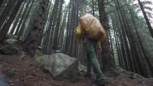A Hiker with a Backpack Walks Uphill in a Forest with Stones on a Cloudy Day
