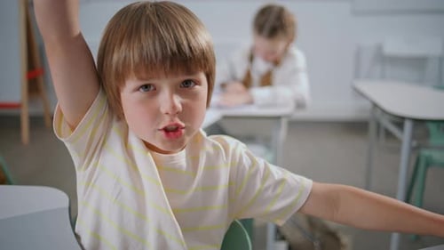 Boy Raising Hand in Class During School