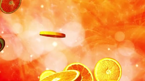Animated Citrus Fruit Slices Floating in Bubbly Orange Liquid