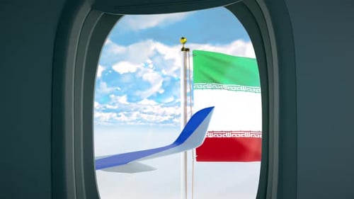 Waving Flag of Iran View from Airplane Window