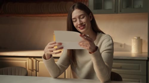 Woman Reads Letter, Smile, At Home