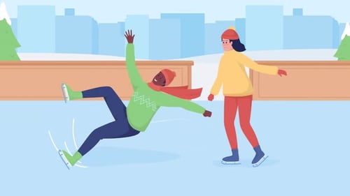 Flat Design Animation of Friends Ice Skating and Falling