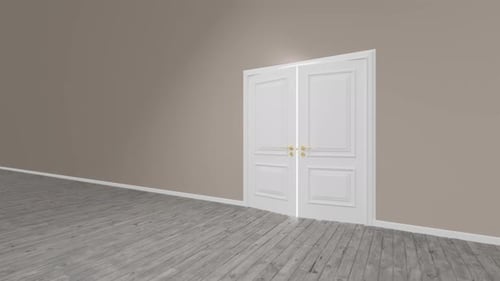 Porte blanche s'ouvrant avec une lumière vive dans une pièce vide