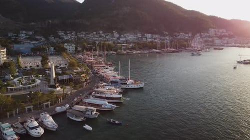 Awesome aerial view of Fethiye Marina at sunset, Turkey