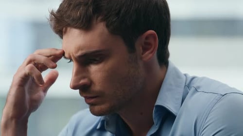 Stressed Corporate Worker Analyzing Data Statistics Closeup. Focused Man Counting Sitting Office