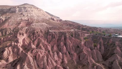 Aerial Drone Panoramic Landscape Fly Above Fairy Chimneys Cappadocia Red Valley