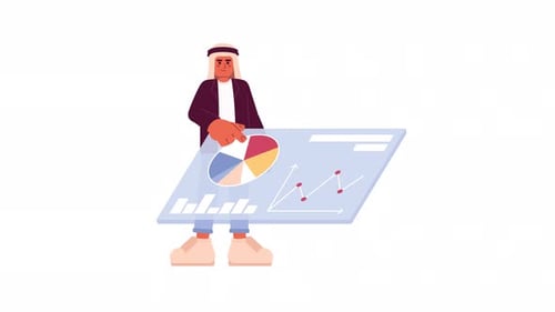 Animated Arab Businessman Interacting with Data Analysis Dashboard
