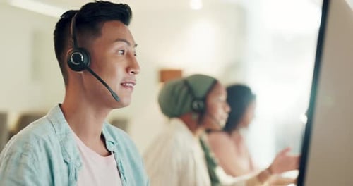 Call center, asian man and consulting on computer for customer advisory, telemarketing and crm