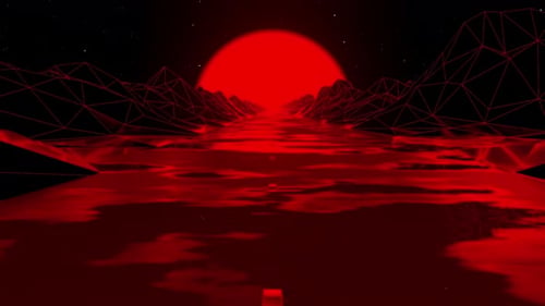 Futuristischer roter Synthwave-Driving Loop bei Sonnenuntergang