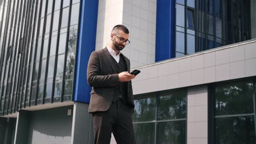 Stylish Leader Business Man Chatting Smartphone Browsing Internet Outdoor Downtown City Street
