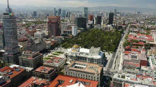 Aerial View of Alameda Park, Palacio de Bellas Artes, Skyscrapers in Mexico City