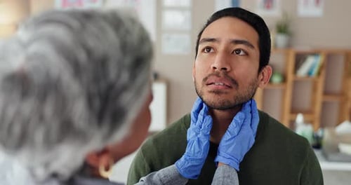 Healthcare, consulting and throat with man and doctor for ent specialist