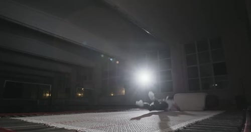 Ternopil Ukraine September 29 2019 Slim Female Gymnast Jumping on Trampoline and Performing