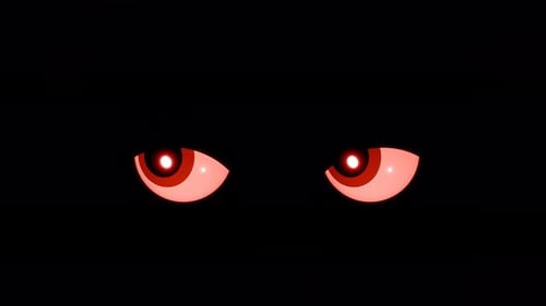 Red evil eyes staring in dark with horrific scene