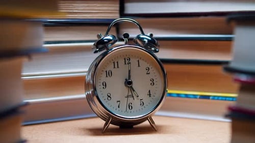 Old Alarm Clock Stands in Stacks of Old Books on the Table