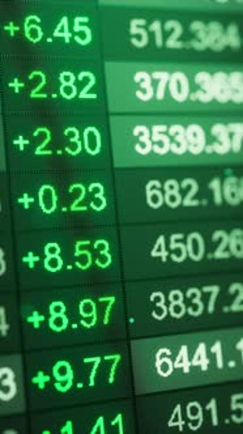 Looping 3D exchange quotes with gains highlighted in green