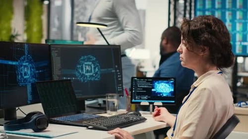 Office Administrator Checking Monthly Reports with AI Analytics Platform