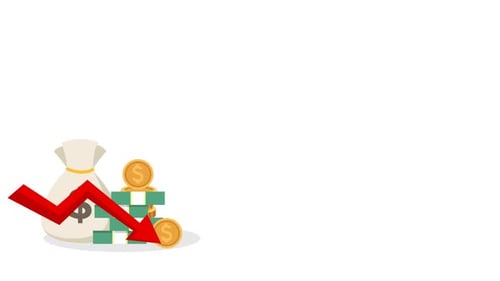 Animated money bag and coin icon with a red downward arrow