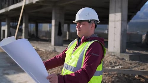 Civil engineer with building drawing plan while standing in helmet